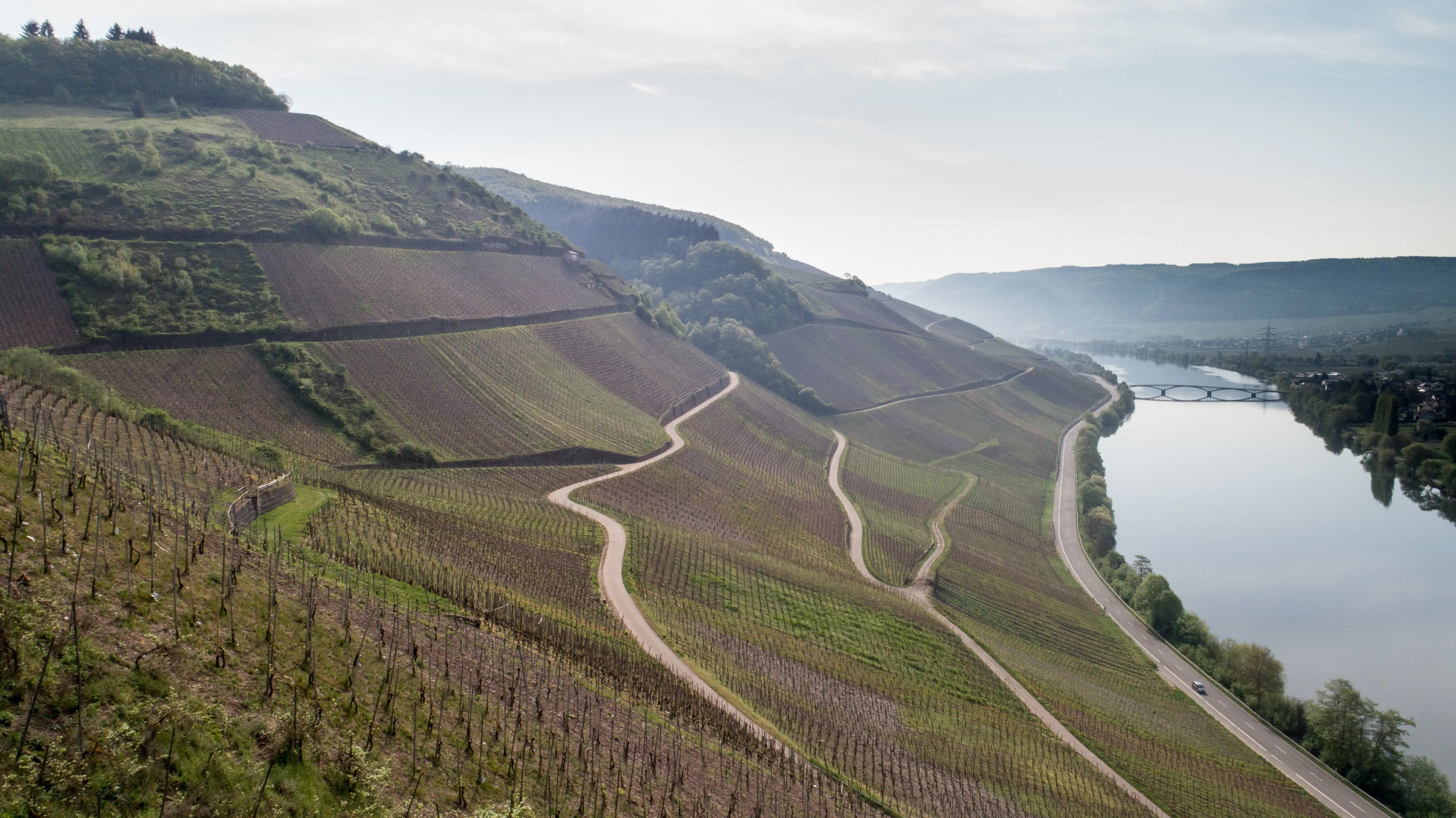 Eine kurvenreiche Straße schlängelt sich einen Hang oberhalb eines Flusses hinauf, umgeben von üppigem Grün und einem bewölkten Himmel.